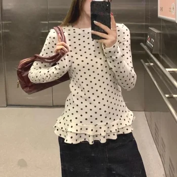 Koreanischer Stil Neues Langarm-T-Shirt mit Rüschenbesatz für Frauen Polka Dot Dünnes Innenoberteil Süße