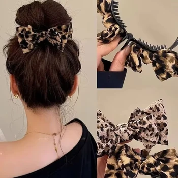 Leopardenmuster Haarspange mit Schleife für Damen, Retro Hochpferdeschwanz-Haarklammer, Haarknoten-Haarklammer