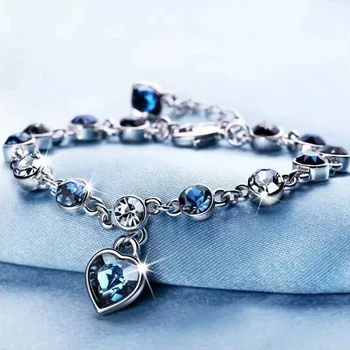 Frauen Silber Farbe Glück Armband Weibliche Blaue Kristall Herz Charme Pulseras Armband Braut Hochzeit