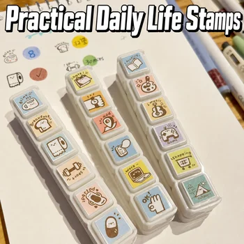 Niedliches Cartoon 6-in-1 Vorgetränktes Stempelset mit verschiedenen Themen für Tagebuch, Scrapbooking