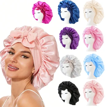 Satin-Mütze, Seidenmütze, verstellbare Mütze zum Schlafen, Haar-Mütze mit Bindeband, Mütze für Damen