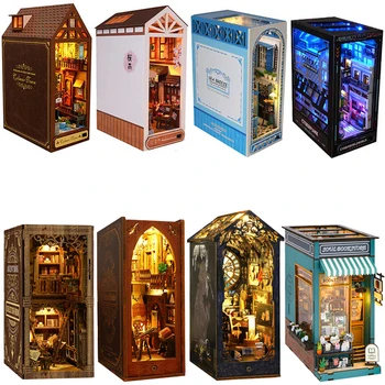 DIY Buch Nook Kit Regal Einsatz Puppenhaus Modell Gebäude Kit Holz Bücherregal Zimmer Puppenhaus Buchstütze