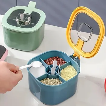 Eine 4-in-1-Gewürzbox mit großem Fassungsvermögen, Deckel und Löffel, wird mit vier Löffel für die Küche