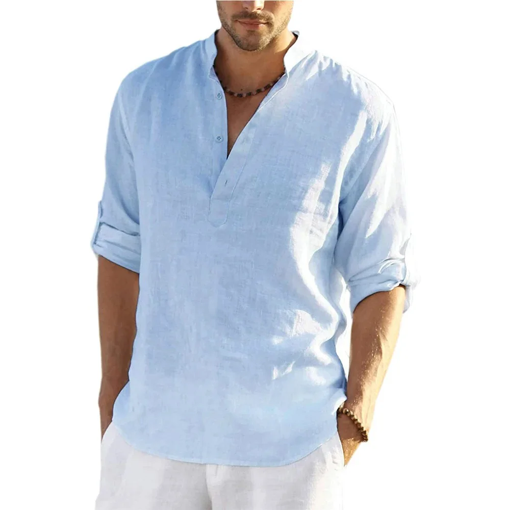 Neue männer Casual Bluse Baumwolle Leinen Hemd Lose Tops – Bild 3