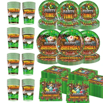 Miner Craftings Pixel Geburtstagsparty-Dekorationsset Geburtstagsbecher Teller Servietten Tischdecke