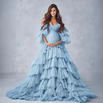 Maßgeschneidertes Umstandskleid für Fotoshootings, schulterfreies Tüllkleid, Schwangerschaftskleid