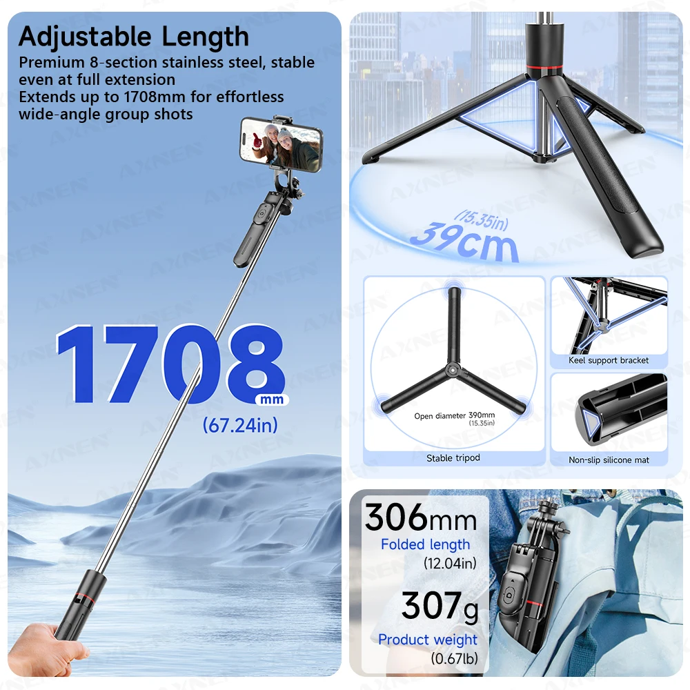 F16 Selfie-Stick-Stativ mit 1708 mm langem 8-teiligen Stange – Bild 4