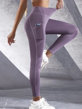Hohe Taille frauen Leggings Stretch Yoga Hosen Strumpfhosen Mit Taschen Push-Up Fitness Laufsport Einfarbig