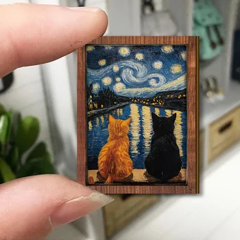 Mini-Kunstdruck „Sternennacht-Katzen“, inspiriertes, gerahmtes Dekor aus Holz, ideal für Puppenhäuser