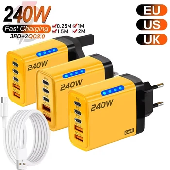 240W 5-in-1 GaN Schnellladegerät Desktop-Netzteil 3PD 2USB-Anschlüsse für iPhone Samsung Xiaomi Tablet