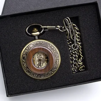 Bronze Holz mechanische Taschenuhr Massivholz FOB Kette römisches Zifferblatt hohl Steampunk Skelett Herren