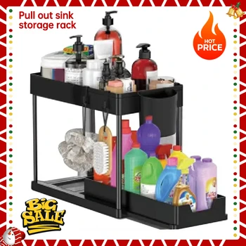 2-stufiger Organizer unter dem Waschbecken, Schiebeschrank, Korb, Organizer, Aufbewahrungsregal mit Haken