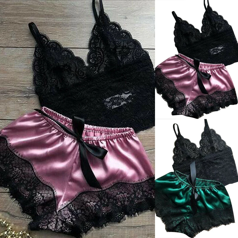 2PCS Damen Spitze Nachtwäsche Dessous Tops Shorts Set – Bild 3