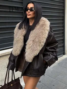 TFMLN 2023 Winter Frauen Lose Faux Leder Jacke Mode Entfernt Große Pelz Kragen Casual Mantel High Street
