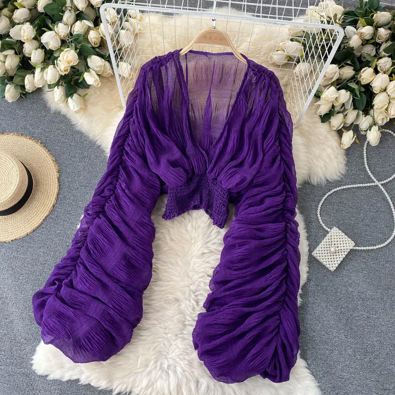 Frauen Sexy Chiffon Kurze Bluse Weibliche Durchsichtig Super – Bild 2