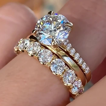 Huitan Wunderschönes 3-teiliges Set Ringe für Damen, luxuriös, glänzend, rund, Zirkonia, Fingerschmuck
