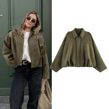Frauen Bomber Jacken Mäntel Mode drehen-unten Kragen Langarm Lose Mäntel Vintage Weibliche Oberbekleidung Chic