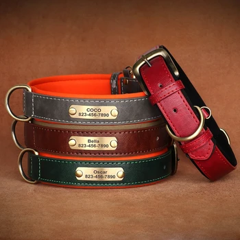Personalisiertes, individuelles Hundehalsband aus Leder mit Namensschild, weich gepolstert, mit Gravur des