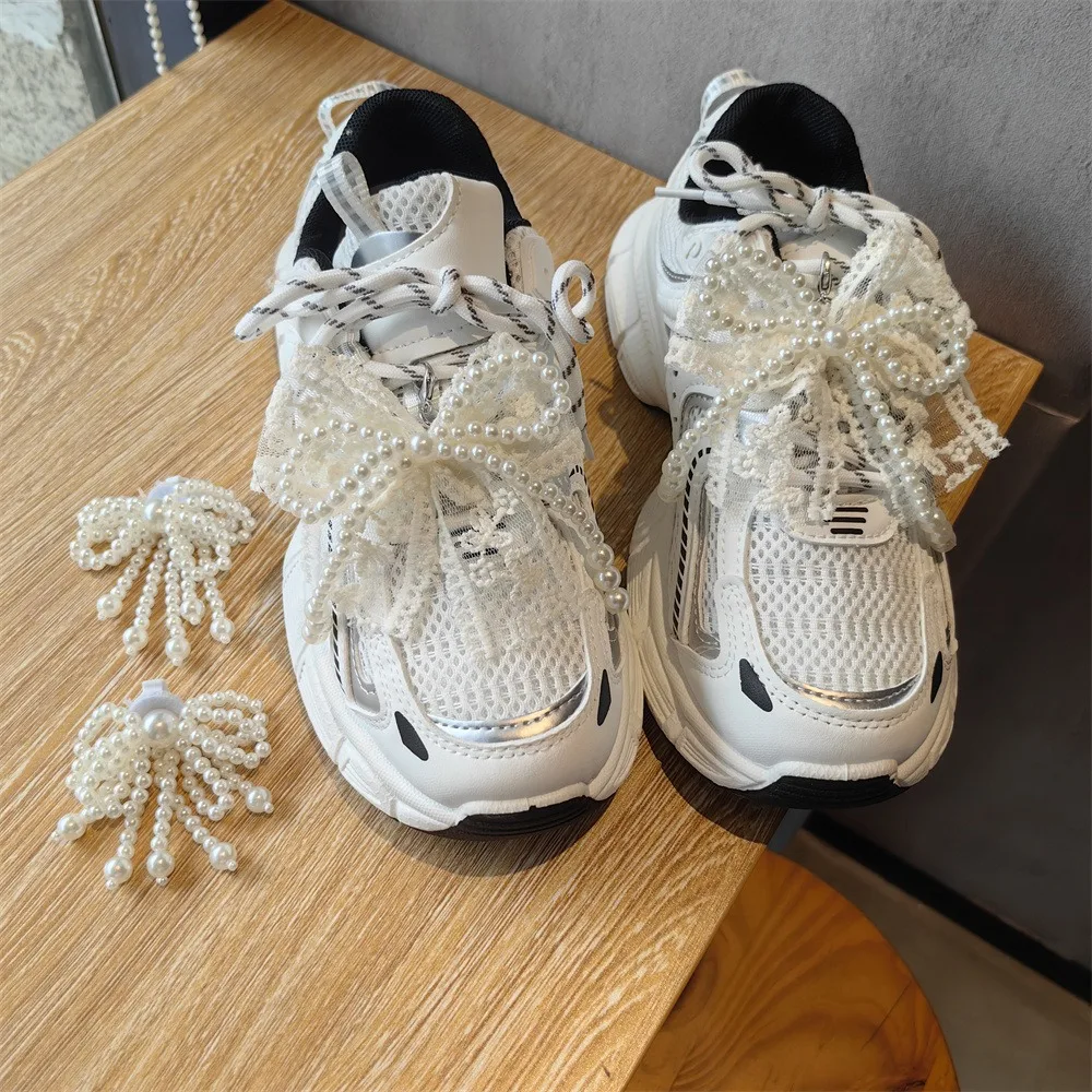 Mode Spitze Perle Bogen Schnürsenkel Schnalle Turnschuhe – Bild 5