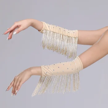 Performance-Bühnen-Lateintanz-Ärmel mit Fransen, einfarbig, für Damen, mit Strass-Besatz