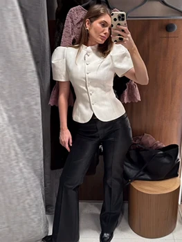Elegante Damen-Bluse mit Rundhalsausschnitt, Kurzen Ärmeln und Knopfleiste, Satin-Jacke im Retro-Stil
