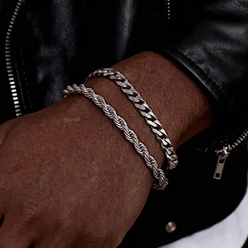 Herren-Kettenarmbänder, Edelstahl, Silber, Gold, Schwarz, Twist-Seil-Kettenarmband, trendige (2 Stück)
