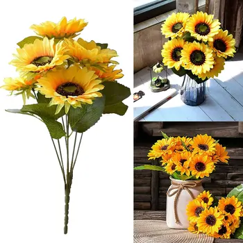 1 Bund 7 Köpfe künstliche Sonnenblumen 29cm Sträucher gefälschter Blumenstrauß für Garten Buchhandlung
