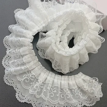 2/5/10 Yards Drei Schichten Weiße Spitze Falten Spitze Hochzeit Satinband Knoten DIY Stoff Bänder Kleidung