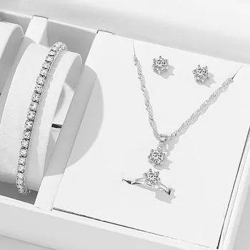 Elegantes Kristall-Schmuckset mit Zirkonia, Ring, Halskette, Armband, Ohrringe, einfaches Set (5 Stück)