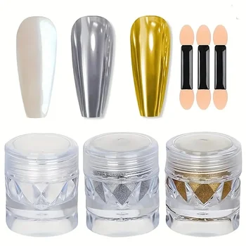 Nagelglitzerpulver-Set, holografischer Gold-Silber-Chrom-Staub mit Aurora-Spiegeleffekt (3 Stück)