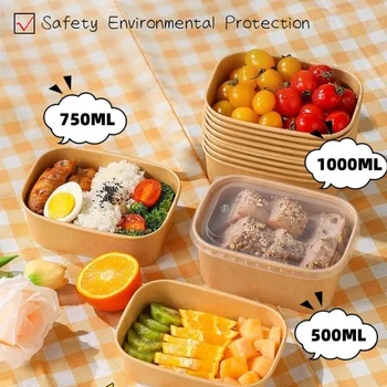 Kraft Papier Schüssel Mit Deckel Lunch Box Einweg Takeaway Mahlzeit Box Salat Schüssel Einweg Lebensmittel