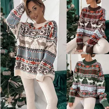 Winter-Weihnachtspullover für Damen, Jacquard-Strick, Langarm, Warmer Pullover mit Hirschmuster, Strickwaren