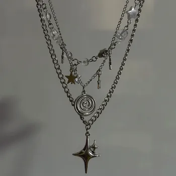 Edelstahl-Spiralanhänger-Halskette / Mehrlagiger Choker / Stern-Charm-Halskette / Grunge Cyber Y2K Fairycore