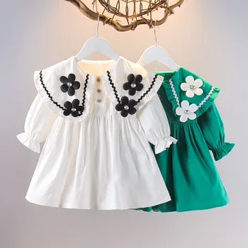 Kinder Koreanische version Kleid Frühling und Herbst Mode Mädchen Reine Baumwolle Blume Puppe Neck Kleid