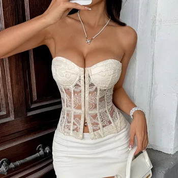 Niche Design Aprikosenfarbene bestickte Fischgrätenriemen rückenfreies Spitzendesign Damen Tube Top Korsetts