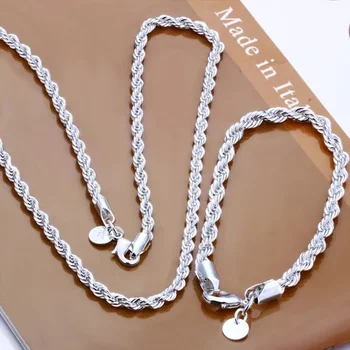 925 Silber 4 MM Frauen Männer Kette Männlich Twisted Seil Halskette Armbänder Mode Silber Schmuck Set