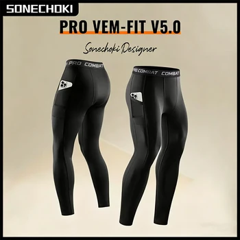 Kompressionshose für Herren, Trainings-Gym-Leggings mit Taschen, Laufhose