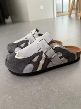 Echtes Leder Kork Pantoletten Hausschuhe für Männer Frauen Close Toe Hausschuhe Home Schuhe Clogs Vintage