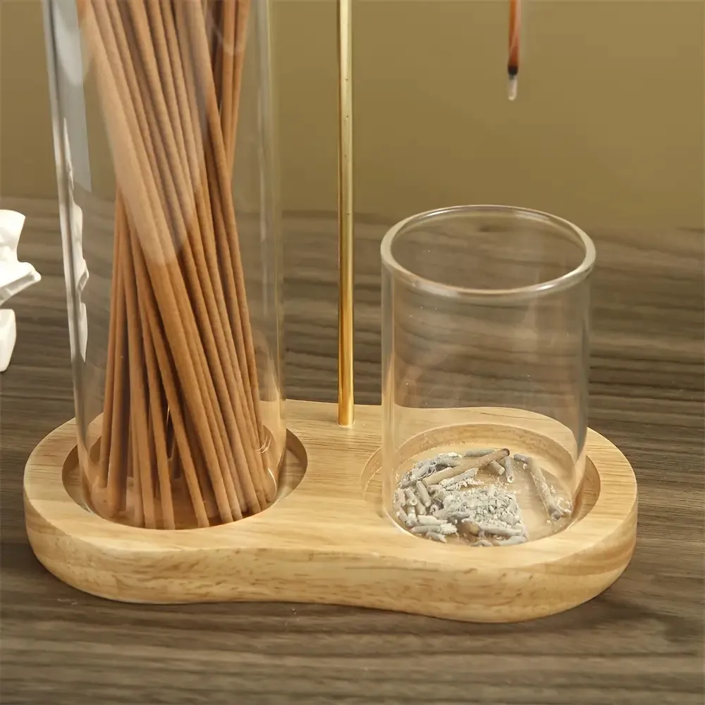 Räucherstäbchenhalter mit Ständer, Glashalter, Holztablett – Bild 2