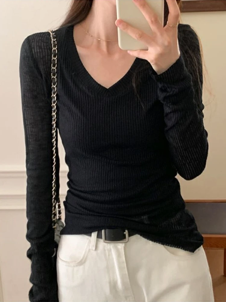 Frauen Langarm T Shirt Dünne Perspektive Sommer Feste Dünne – Bild 6