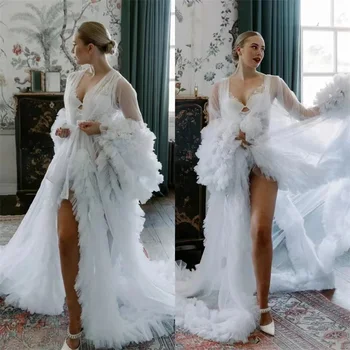 Weiße Frauen Umstands kleider für Fotoshooting V-Ausschnitt volle Ärmel Robe gestuften Tüll Abschluss ball