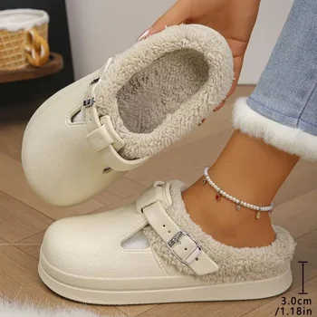 Wasserdichte Eva Furry Mules Hausschuhe Damen 2025, Winter, Metallschnalle, warme Plüsch-Hausschuhe, weicher