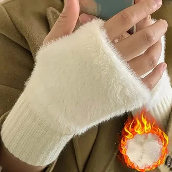 Warme und kältebeständige Halbfingerhandschuhe für Damen im Herbst und Winter, vielseitig und plüschig