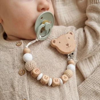 Personalisierter Schnullerclip mit individuellem Namen, Silikon-Holzperlen, Baby-Beißkette, Schnullerhalter