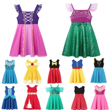 Kinder Freizeitkleid für Mädchen Meerjungfrau Rapunzel Kleid One-Shoulder Sling Kurzarm Prinzessin Kostüm