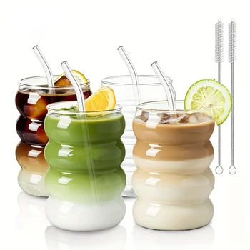 2 Kaffeetassen aus Borosilikatglas, 350 ml/11,8 Unzen, mit Strohhalm und Pinsel, Vintage-Wimpel-Design