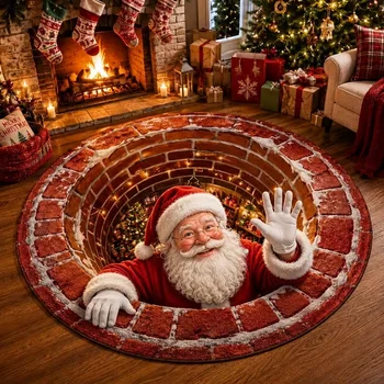Weihnachts-Santa-Kamin 3D-Optische-Illusion Runder Teppich, Ziegelstein-Kaminofen, Strumpf, Schnee