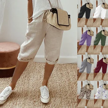 Shorts Frauen Sommer Baumwolle Leinen elastische Taille Tasche elastische Freizeithosen fünf Viertel