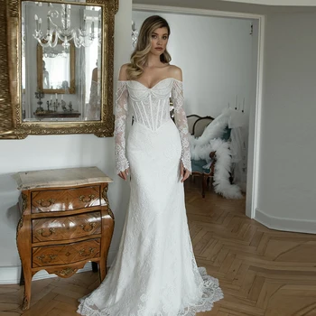 Meerjungfrau Off Schulter Spitze Brautkleid Applikationen Schatz Lange Ärmel Boho Brautkleid Prinzessin