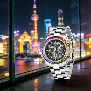 PAGANI DESIGN Personalisierte Herren Automatik-Mechanische Uhr mit Farbiger Edelstein-Lünette und Kleinem